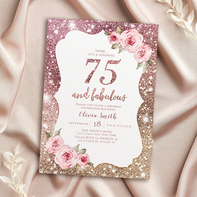 Invitación Purpurina de oro de rosa espumoso y 75 cumpleaños  (Sparkle rose gold glitter and floral 75th birthday invitation)