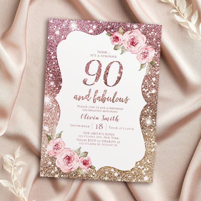 Invitación Purpurina de oro de rosa espumoso y 90 cumpleaños  (Sparkle rose gold glitter and floral 90th birthday invitation)