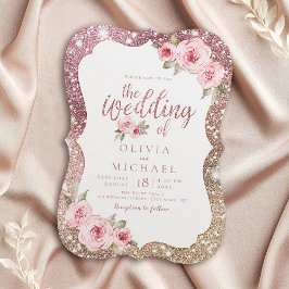 Invitación Purpurina de oro de rosa espumoso y boda floral