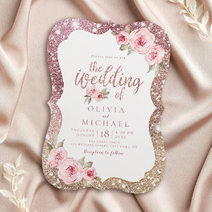 Invitación Purpurina de oro de rosa espumoso y boda floral