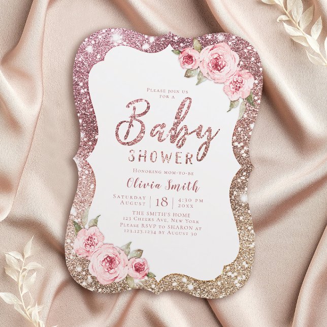 Invitación Purpurina de oro de rosa espumoso y ducha de bebé  (Sparkle rose gold glitter and floral baby shower invitation)