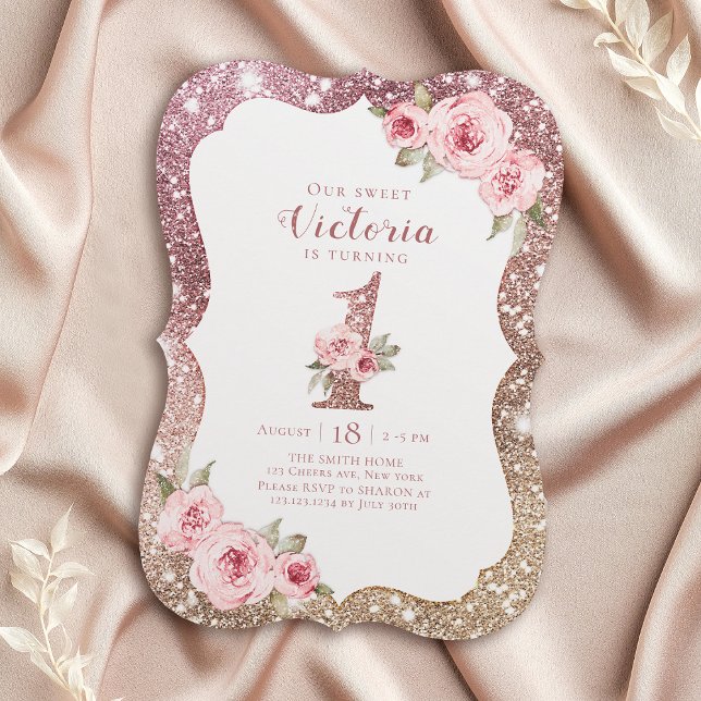Invitación Purpurina de oro de rosa espumoso y floral primer  (Sparkle rose gold glitter and floral 1st birthday invitation)
