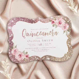 Invitación Purpurina de oro de rosa espumoso y floral Quincea