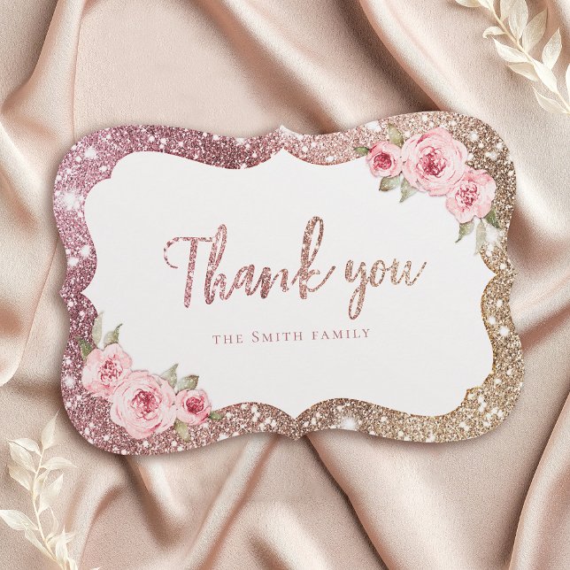 Invitación Purpurina de oro de rosa espumoso y gracias floral (Sparkle rose gold glitter and floral thank you invitation)