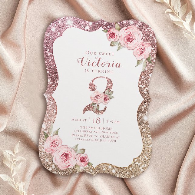 Invitación Purpurina de oro de rosa espumoso y segundo cumple (Sparkle rose gold glitter and floral 2nd birthday invitation)