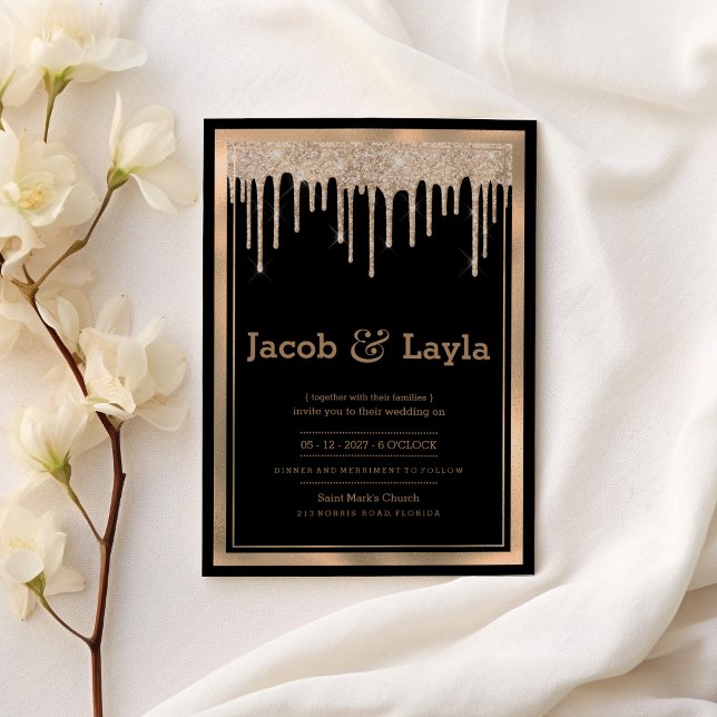 Invitación Purpurina de oro de rosa negro Glam gotea boda de  (Glam black rose gold glitter drips border wedding)