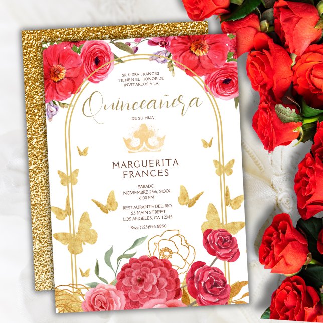 Invitación Purpurina de Oro de Roses Rojos y Mariposas Quince (Subido por el creador)