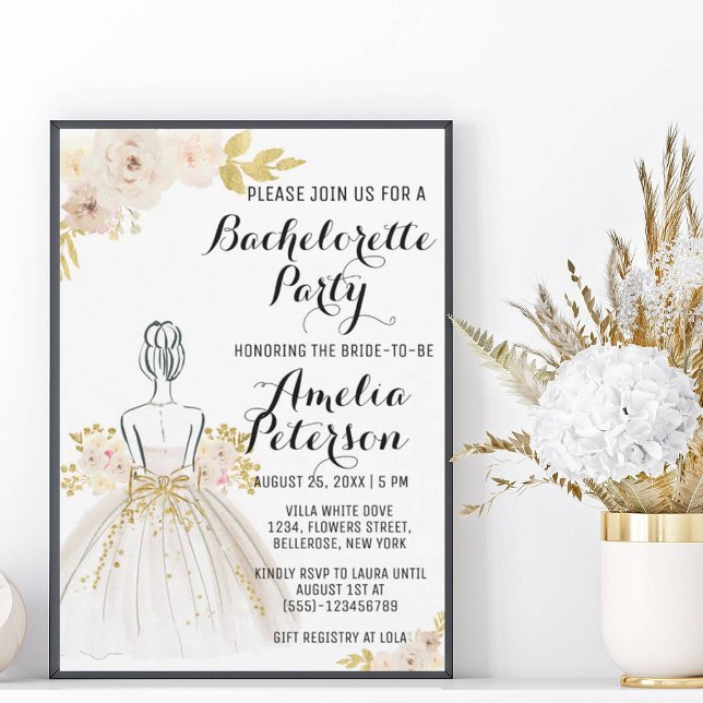 Invitación Purpurina de oro de Rubor blanco vestido de solter (Subido por el creador)