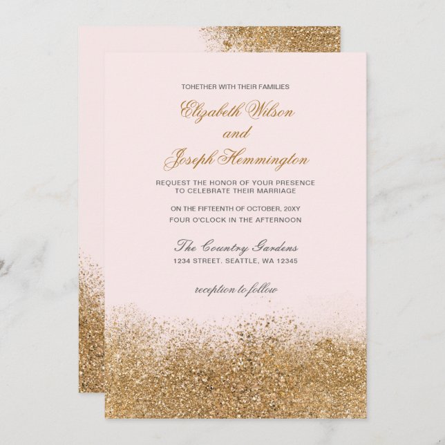 Invitación Purpurina de oro de Rubor Sparkle Elegant Wedding (Anverso / Reverso)