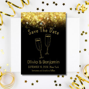 Invitación Purpurina de oro de tostada Boda negra salva la fe