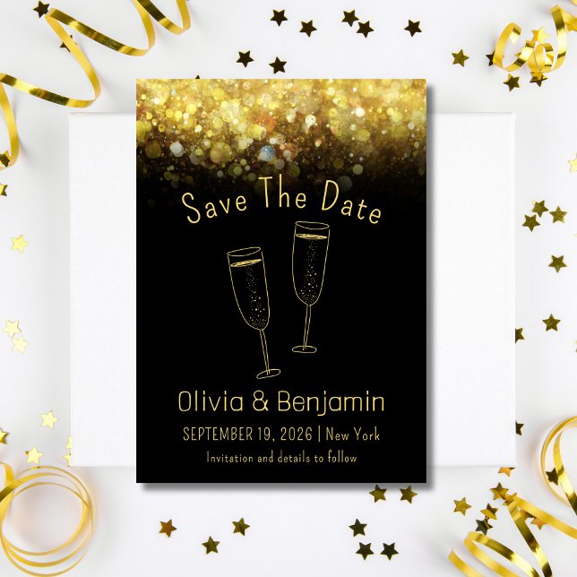 Invitación Purpurina de oro de tostada Boda negra salva la fe (Toast  Gold Glitter Black Wedding Save The Date Invitation )