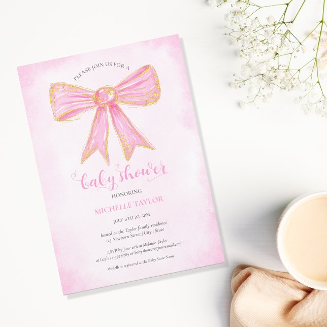 Invitación Purpurina de oro de vaca rosada (pink glitter gold bow)