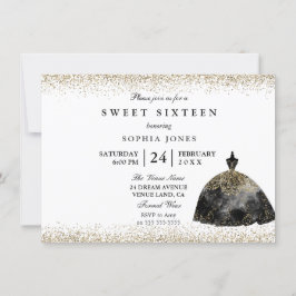 Invitación Purpurina de oro de vestido negro Sweet 16 invitac