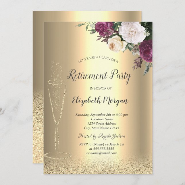 Invitación Purpurina de oro de vidrio de vino Jubilación de F (Anverso / Reverso)