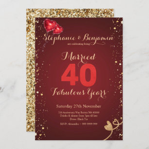Invitación Purpurina de oro del 40° aniversario Boda de Ruby