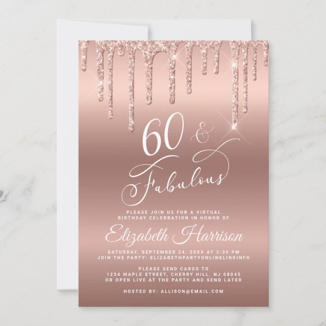 Invitación Purpurina de oro del 60 aniversario virtual del pa (Anverso)