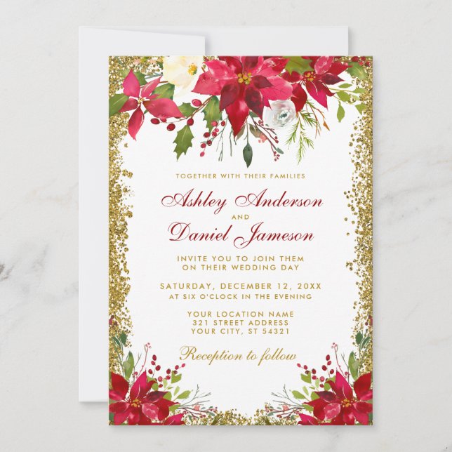 Invitación Purpurina de oro del Boda de vacaciones Red Floral (Anverso)