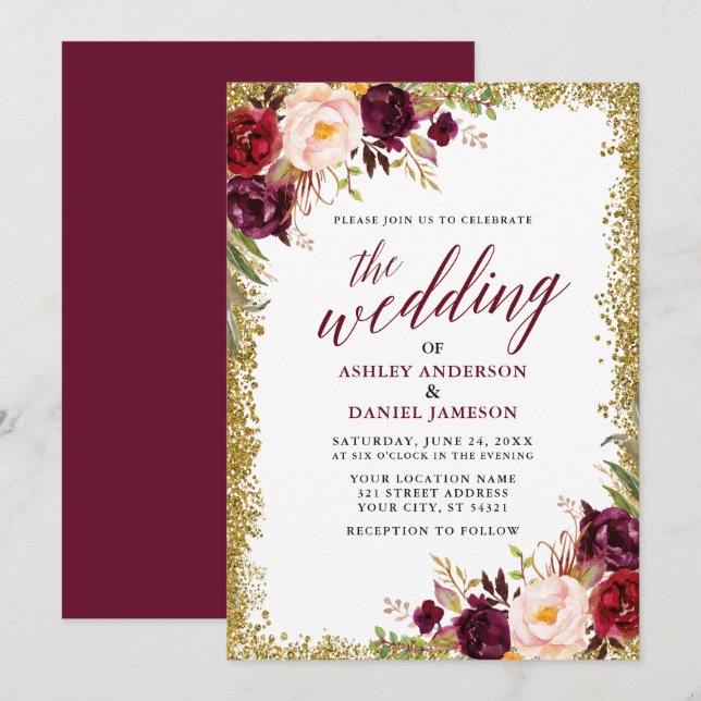 Invitación Purpurina de oro del Boda floral de Borgoña (Anverso / Reverso)