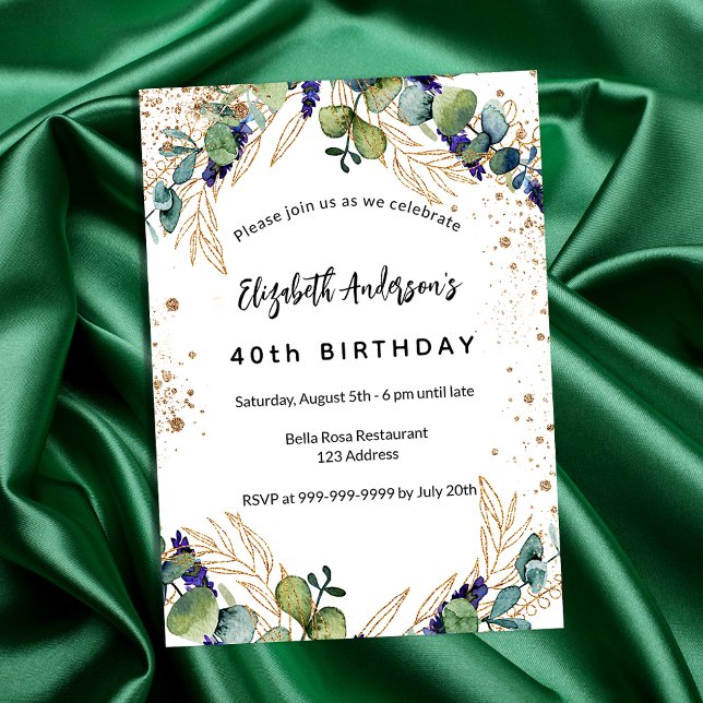 Invitación Purpurina de oro del eucalipto de cumpleaños (Subido por el creador)