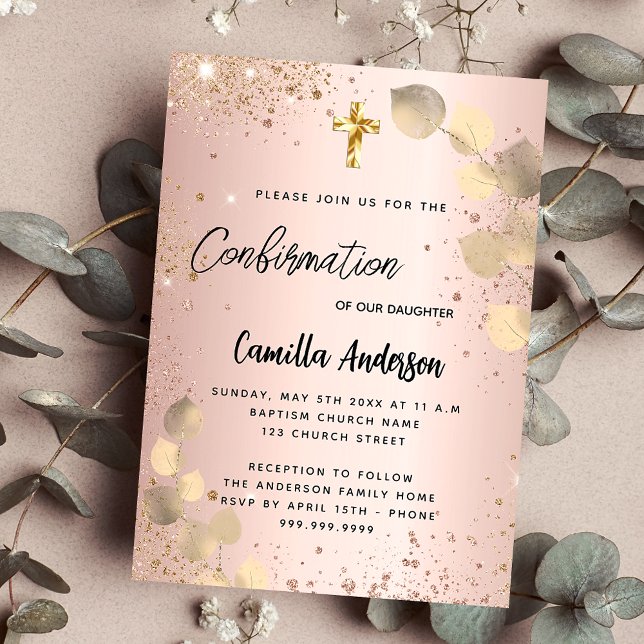 Invitación Purpurina de oro del eucalipto de la confirmación (Subido por el creador)
