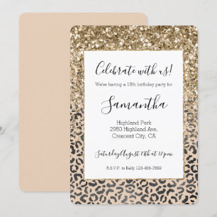 Invitación Purpurina de oro del leopardo negro del crema negr