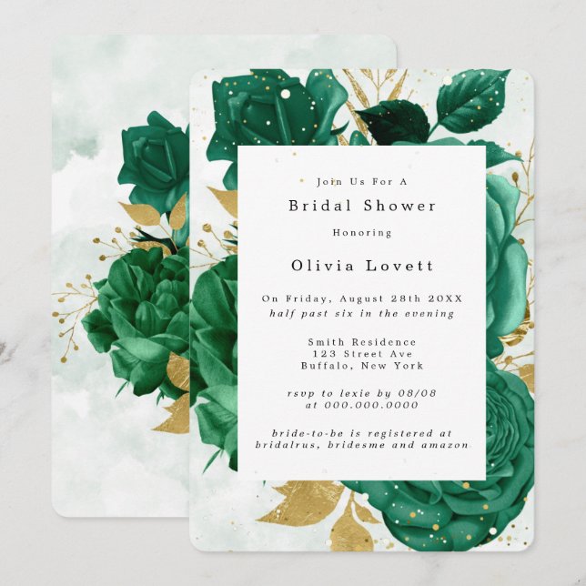 Invitación Purpurina de oro del Peony Verde Esmeralda (Anverso / Reverso)