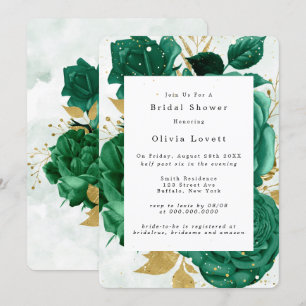 Invitación Purpurina de oro del Peony Verde Esmeralda