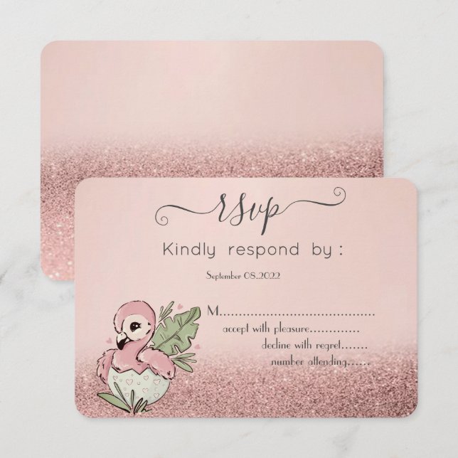 Invitación Purpurina de oro del Rosa de Flamingo del bebé lin (Anverso / Reverso)