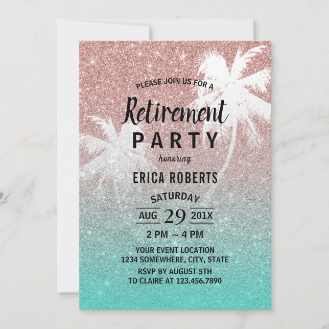 Invitación Purpurina de oro del Rosa de palmeras tropicales d (Anverso)