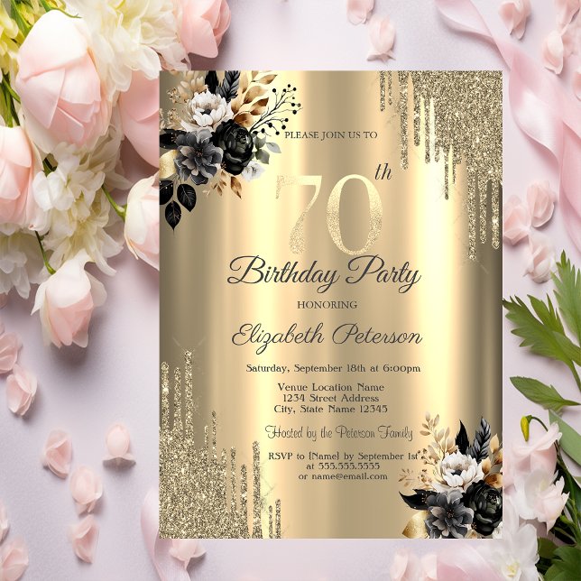 Invitación Purpurina de oro delata a Rosas negros 70 cumpleañ (Subido por el creador)
