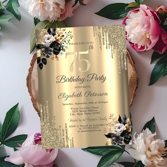 Invitación Purpurina de oro delata a Rosas negros 75 cumpleañ (Subido por el creador)