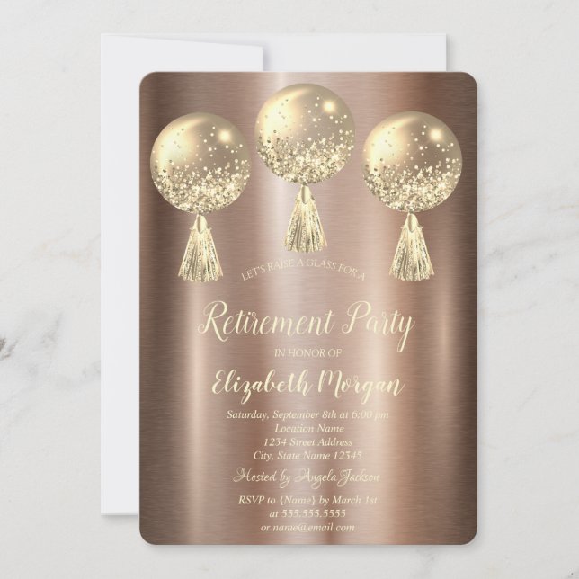 Invitación Purpurina de oro desliza a los globos de la jubila (Anverso)