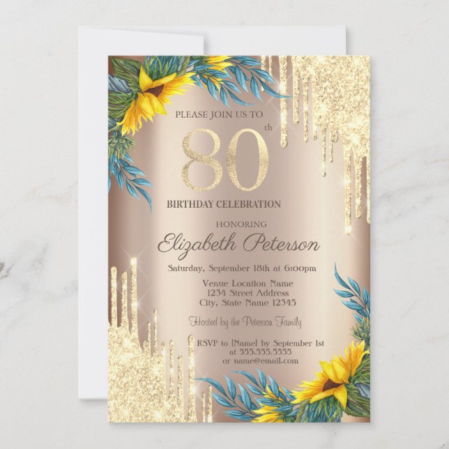 Invitación Purpurina de oro desliza girasoles 80 cumpleaños (Anverso)