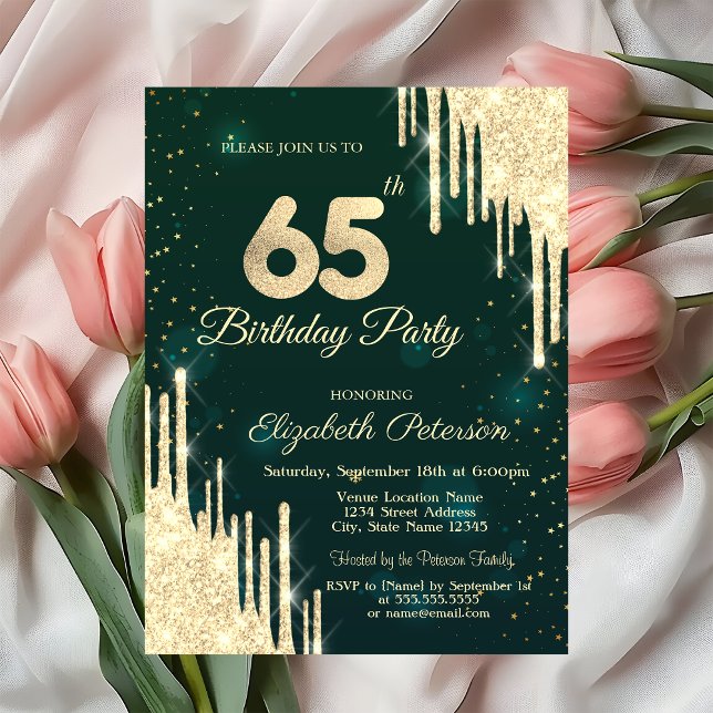 Invitación Purpurina de oro desliza Green 65th Birthday (Subido por el creador)