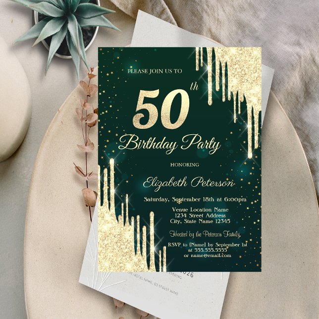 Invitación Purpurina de oro desliza verde 50 cumpleaños (Subido por el creador)