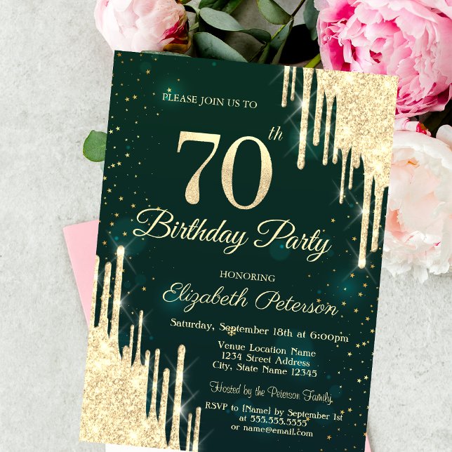 Invitación Purpurina de oro desliza verde 70 cumpleaños (Subido por el creador)