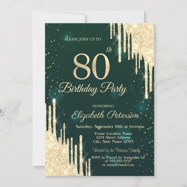 Invitación Purpurina de oro desliza verde 80 cumpleaños (Anverso)