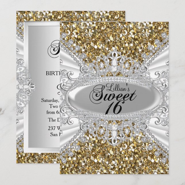 Invitación Purpurina de oro Diamond Tiara Sweet 16 Invite (Anverso / Reverso)
