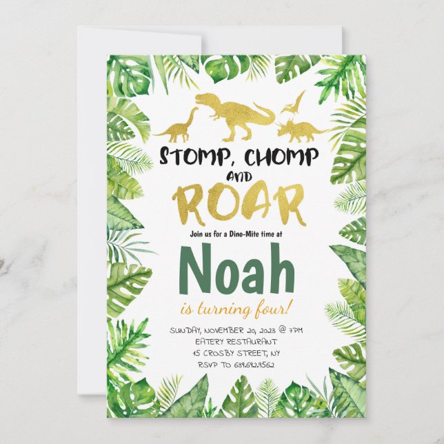 Invitación Purpurina de oro Dinosaurio Tropical Cumpleaños (Anverso)