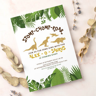 Invitación Purpurina de oro Dinosaurio Tropical Cumpleaños