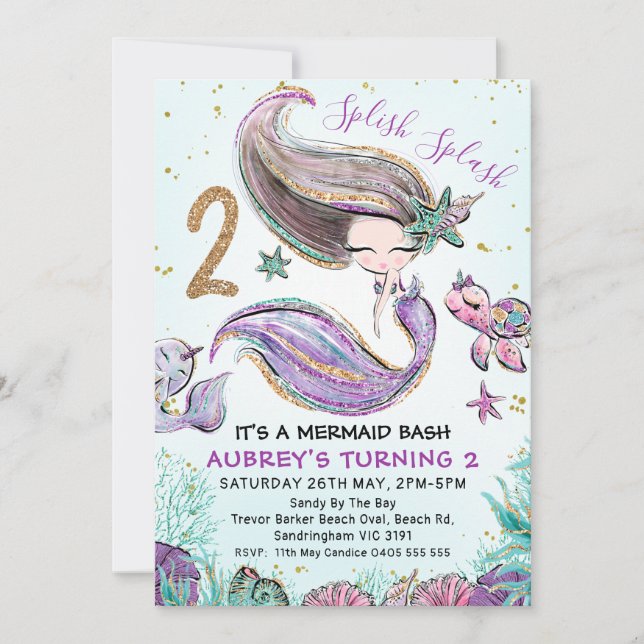 Invitación Purpurina de oro Dos Sirenas Moradas Segundo Cumpl (Anverso)