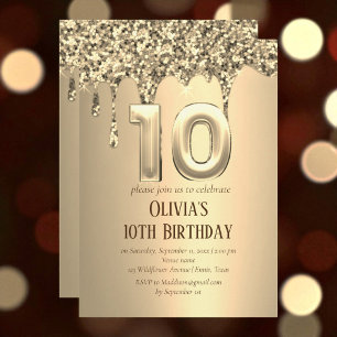 Invitación Purpurina de oro Drip Chica Girly 10 cumpleaños