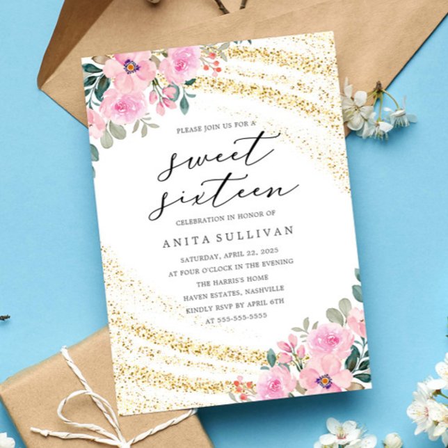 Invitación Purpurina de oro Dulce Floral Rosa Dieciséis Años (Subido por el creador)