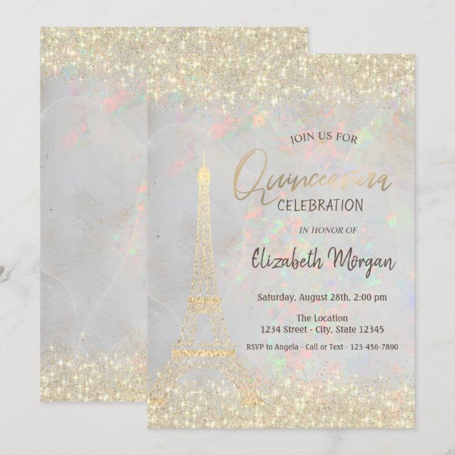 Invitación Purpurina de oro Eiffel Confetti Opal Quinceañera (Anverso / Reverso)