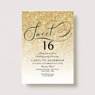 Invitación Purpurina de oro Elegant Script Dulce 16 Cumpleaño