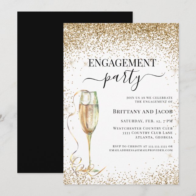 Invitación Purpurina de oro Elegant Wedding Engagement Party (Anverso / Reverso)
