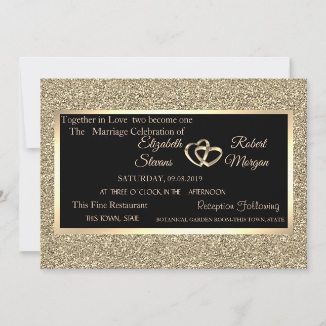 Invitación Purpurina de oro elegante, Boda de cuadros (Anverso)