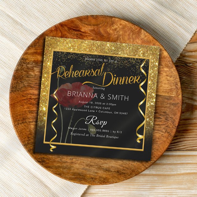 Invitación Purpurina de oro elegante caligrafía ensayo cena (Subido por el creador)
