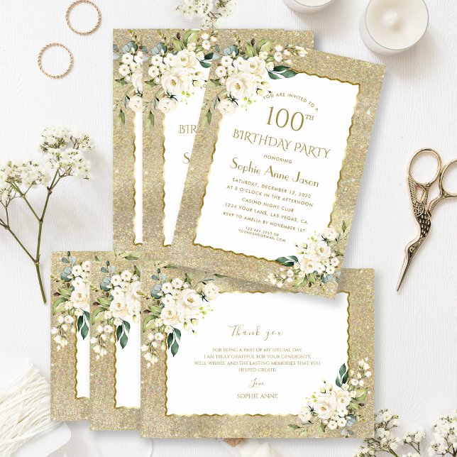 Invitación Purpurina de oro elegante Flores blancas 100 cumpl (Subido por el creador)