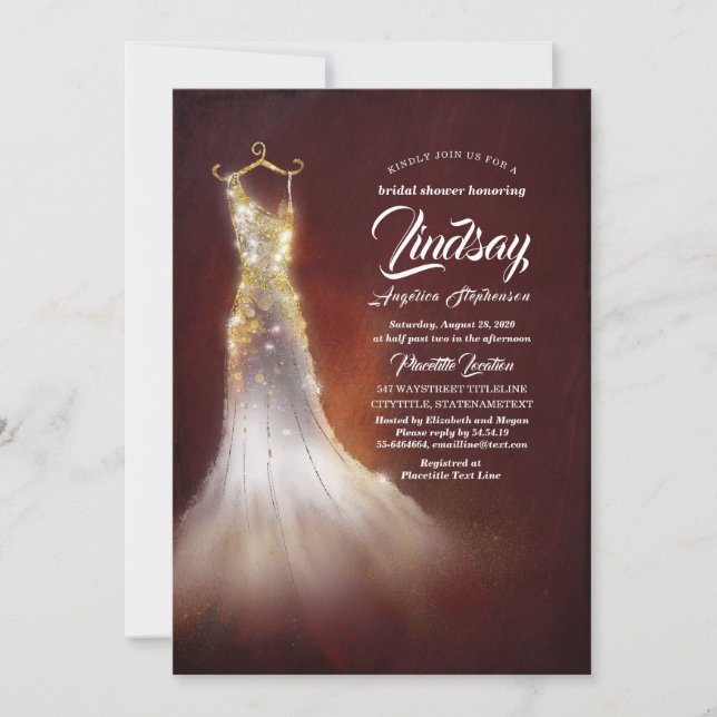 Invitación Purpurina de oro elegante vestido Borgoña ducha de (Anverso)
